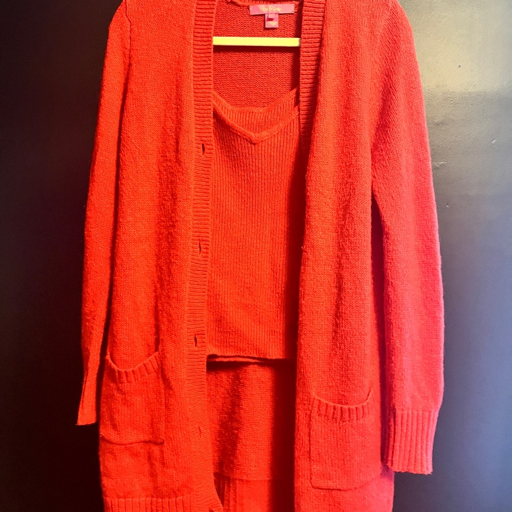 Lilly Pulitzer Bright Red V-Neck Sweater with Matching Open Cardigan